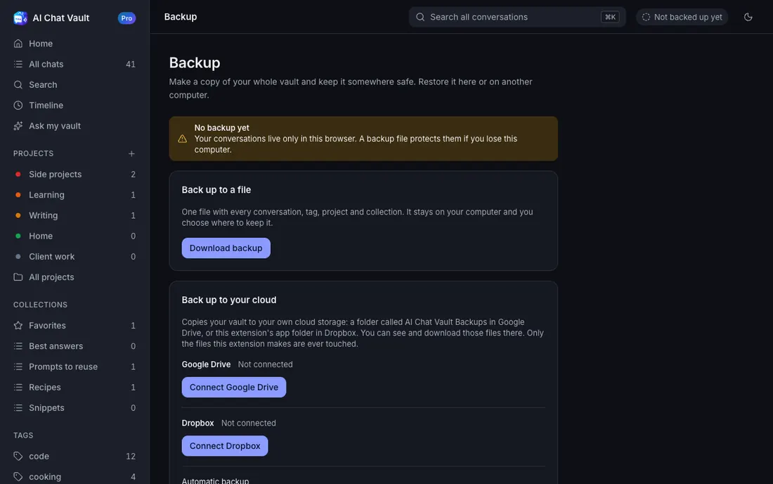 The Backup screen in dark mode.