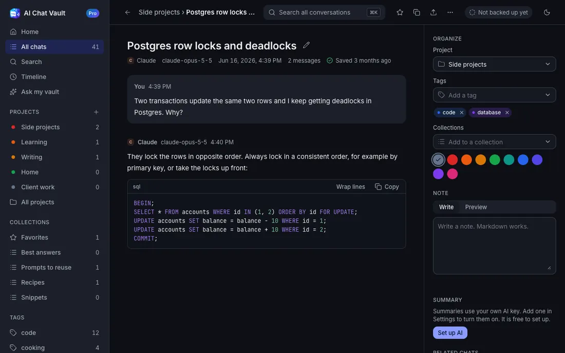 A saved conversation in dark mode.