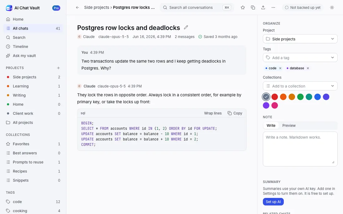 A saved conversation with its code, and a panel on the right with project, tags and related chats.
