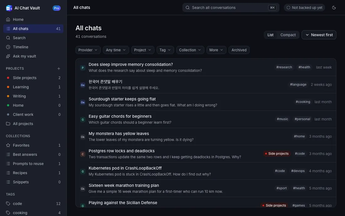 The All chats screen of AI Chat Vault in dark mode.