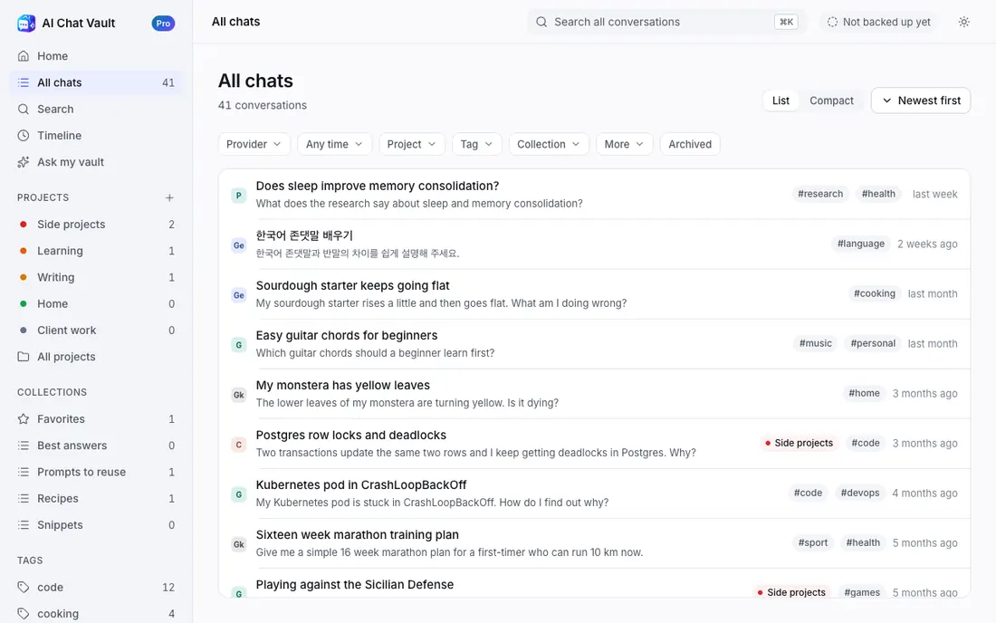 The All chats screen of AI Chat Vault: a list of saved conversations with tags and the AI each came from.