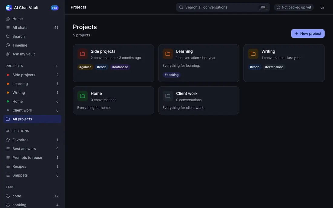 The Projects screen in dark mode.