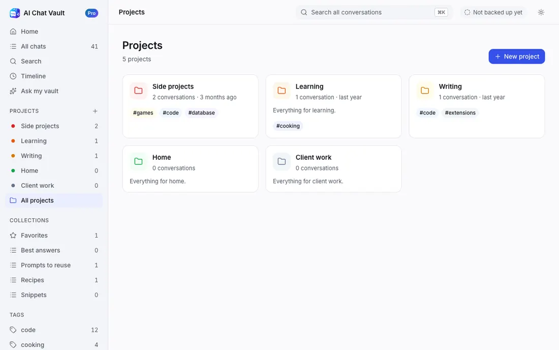 The Projects screen with project cards and their tags.