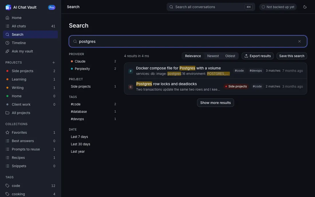 Search results for the word postgres in dark mode.