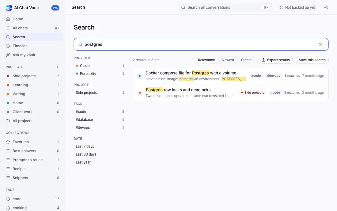 Search results for the word postgres, with the matching words highlighted.