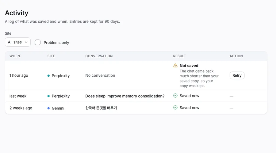 The Activity screen listing recent saves.