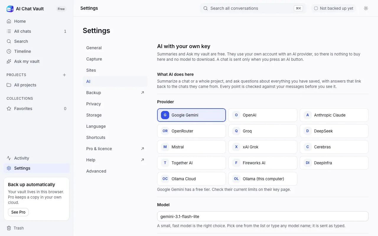The AI section of Settings: a grid of providers, the model, the API key box and the Save and test button.