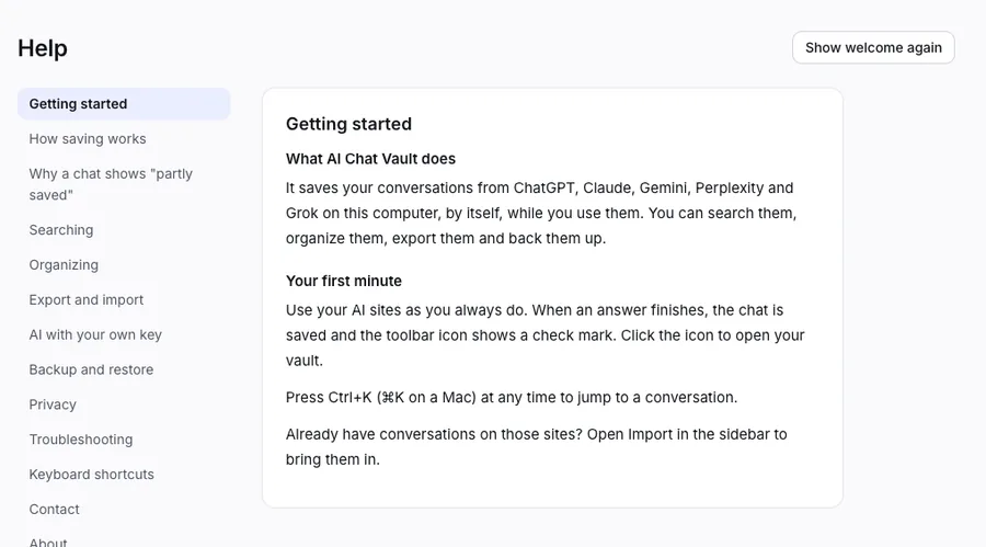 The Help screen with its list of topics on the left.