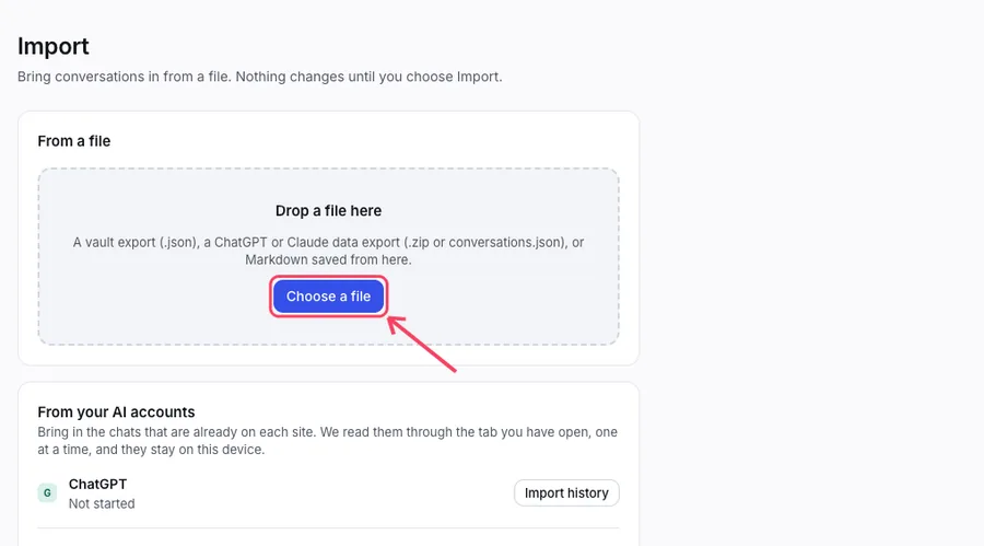 The Import screen. The Choose a file button is highlighted, and the list of AI sites with Import history buttons is below.