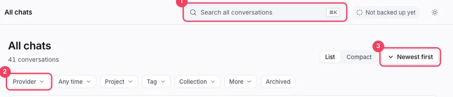 The All chats screen. The search bar at the top, the Provider filter and the sort button are highlighted.