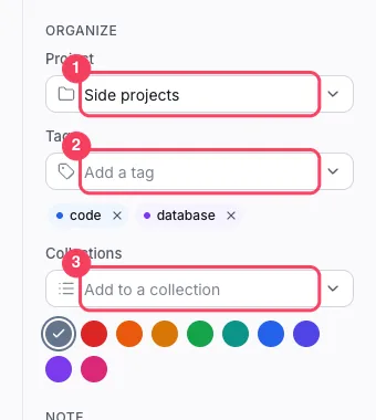 The Organize panel of a conversation. The project, tag and collection boxes are highlighted.