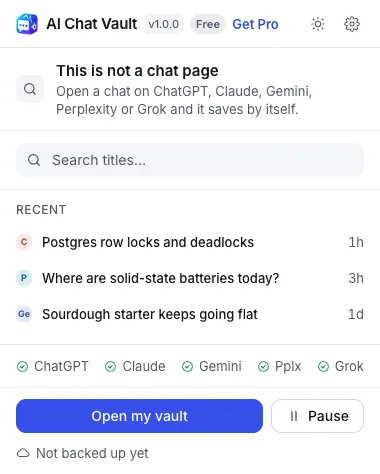 The small AI Chat Vault window that opens from the toolbar icon, before anything is saved.