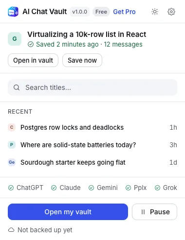 The small AI Chat Vault window showing that the current chat was saved.