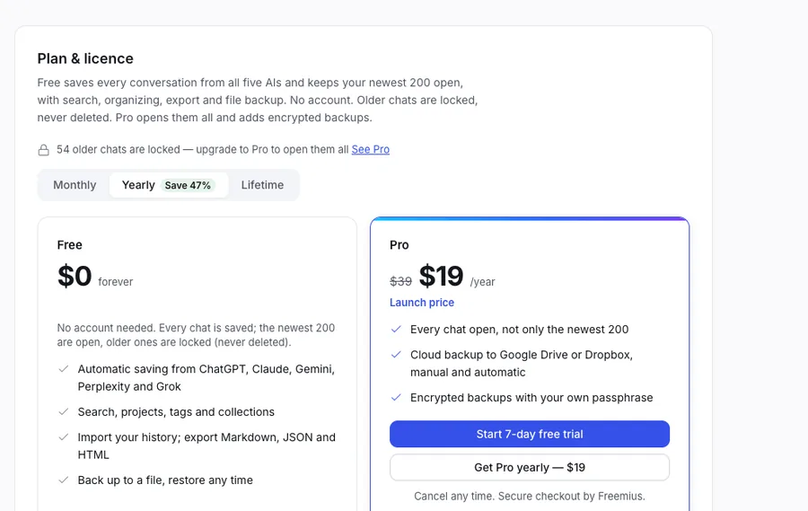 The Plan and licence screen on the Free plan.