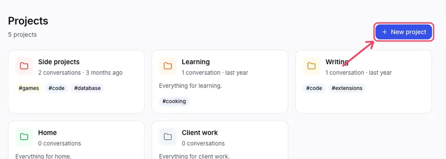 The Projects screen with the New project button highlighted.