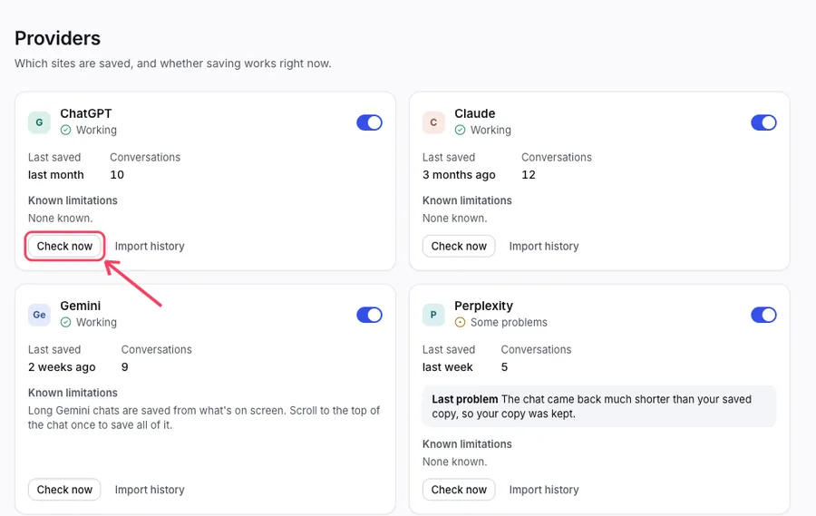 The Sites screen with a Check now button for each AI.