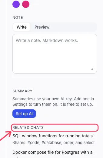 The Related chats list at the bottom of the right panel of a conversation.