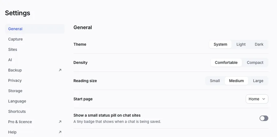 The Settings screen. The list of sections is on the left: General, Capture, Sites, AI, Backup, Privacy, Storage, Shortcuts, Pro and licence, Help, Advanced.