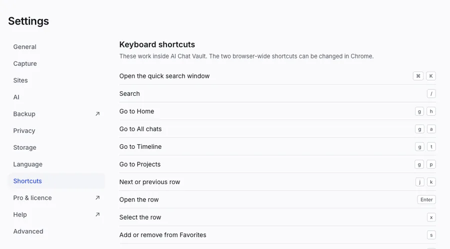 The Keyboard shortcuts section of Settings, listing every shortcut.
