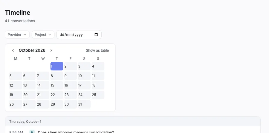 The Timeline screen with a calendar of the month and the list of chats below it.