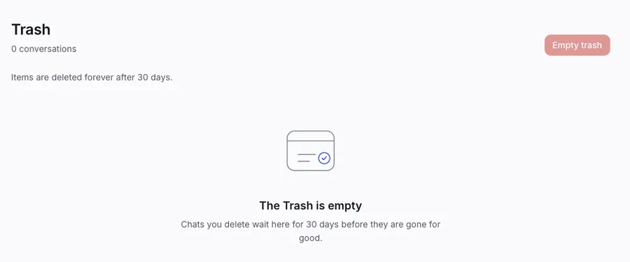 The Trash screen, which says chats wait here for 30 days.