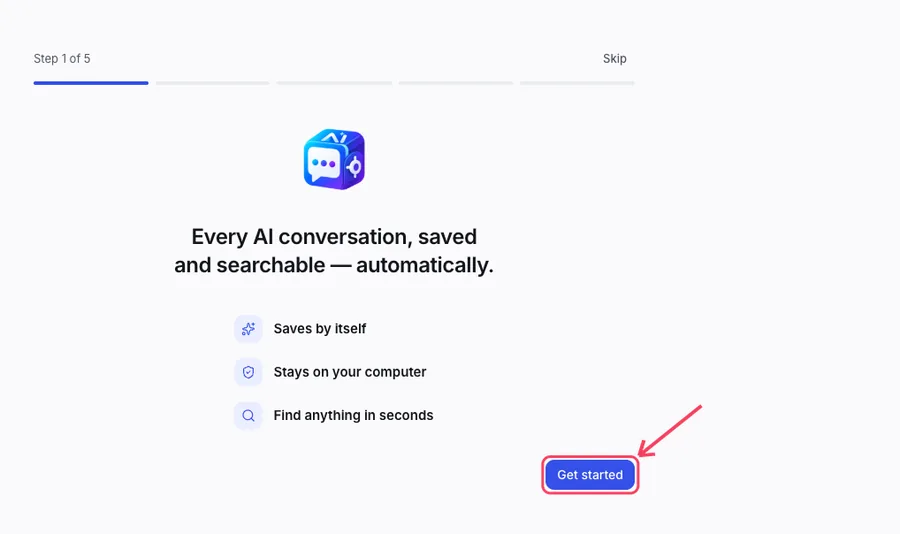 The welcome screen of AI Chat Vault with the Get started button highlighted.
