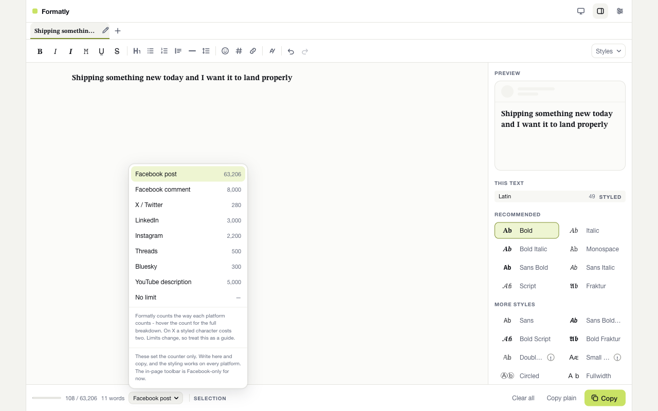 The character counter with the platform picker open, listing Facebook, X, LinkedIn, Instagram, Threads, Bluesky and YouTube presets