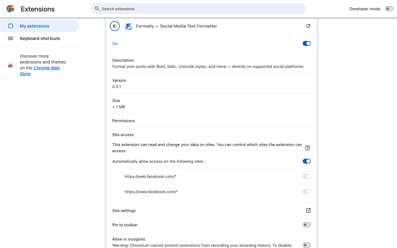 Chrome's extension details page for Formatly showing storage permission and access limited to two Facebook addresses