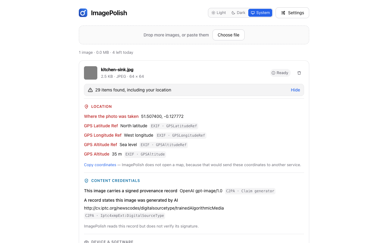 ImagePolish showing 29 items found in a photo, with the location group first — the coordinates where the photo was taken, GPS reference tags and altitude — followed by a Content Credentials record naming the AI tool that generated it