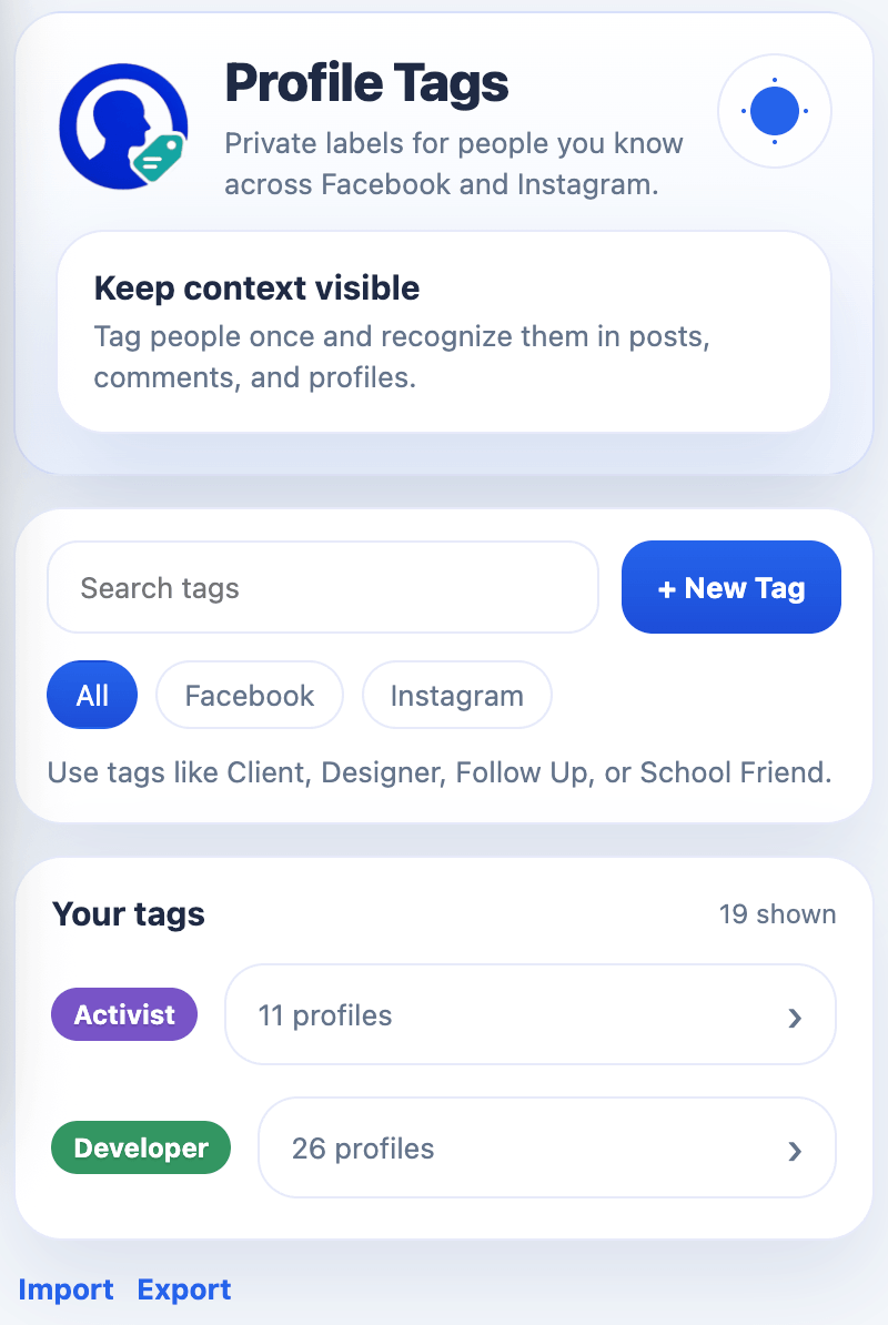 Profile Tags extension preview showing private labels and tag management