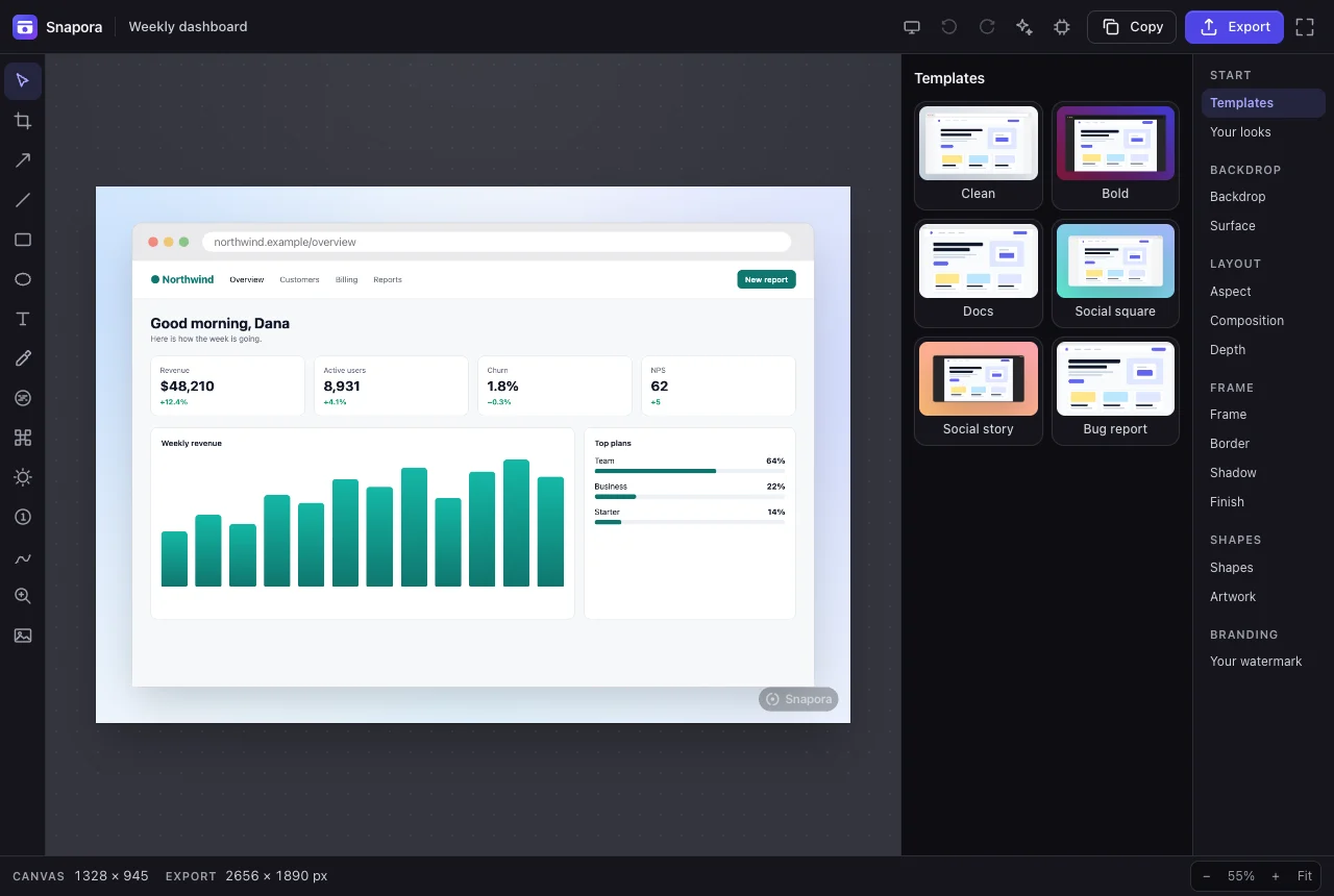 Snapora’s editor in the dark theme with a framed dashboard screenshot