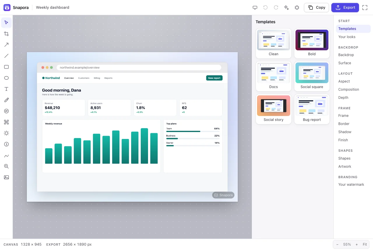 Snapora’s editor with a framed dashboard screenshot, a toolbar on the left and templates on the right