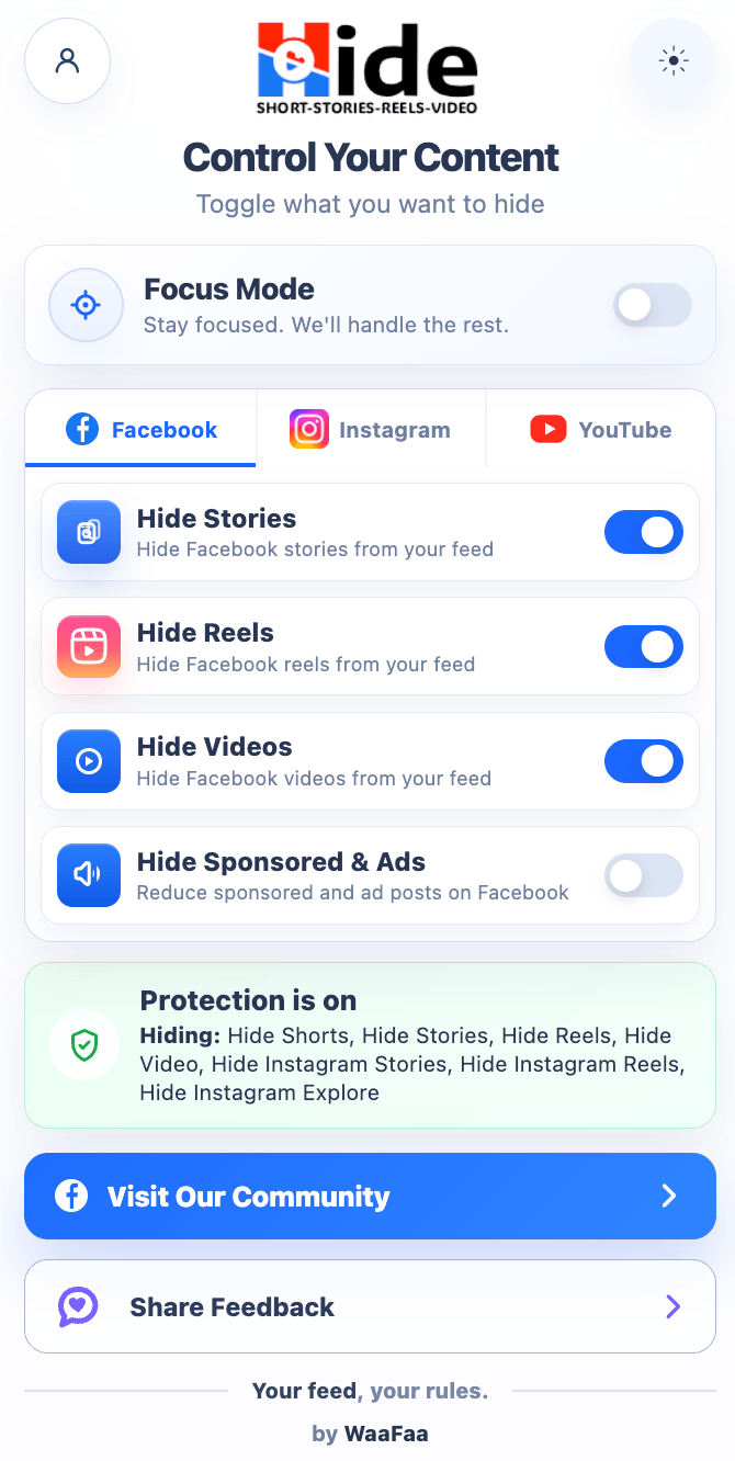 Hide extension popup showing the content filters for YouTube, Facebook, and Instagram