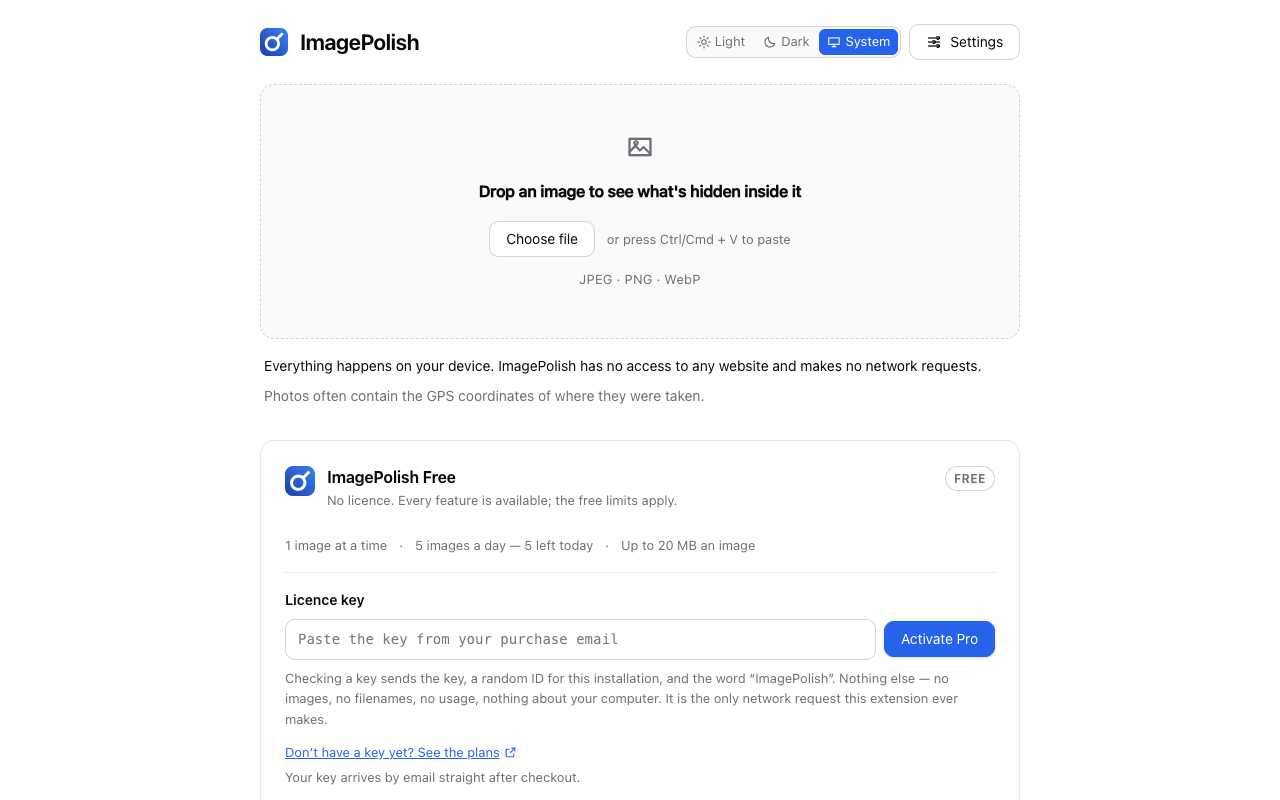 ImagePolish's empty state: a drop area reading Drop an image to see what's hidden inside it, the sentence Everything happens on your device, and the free plan's limits