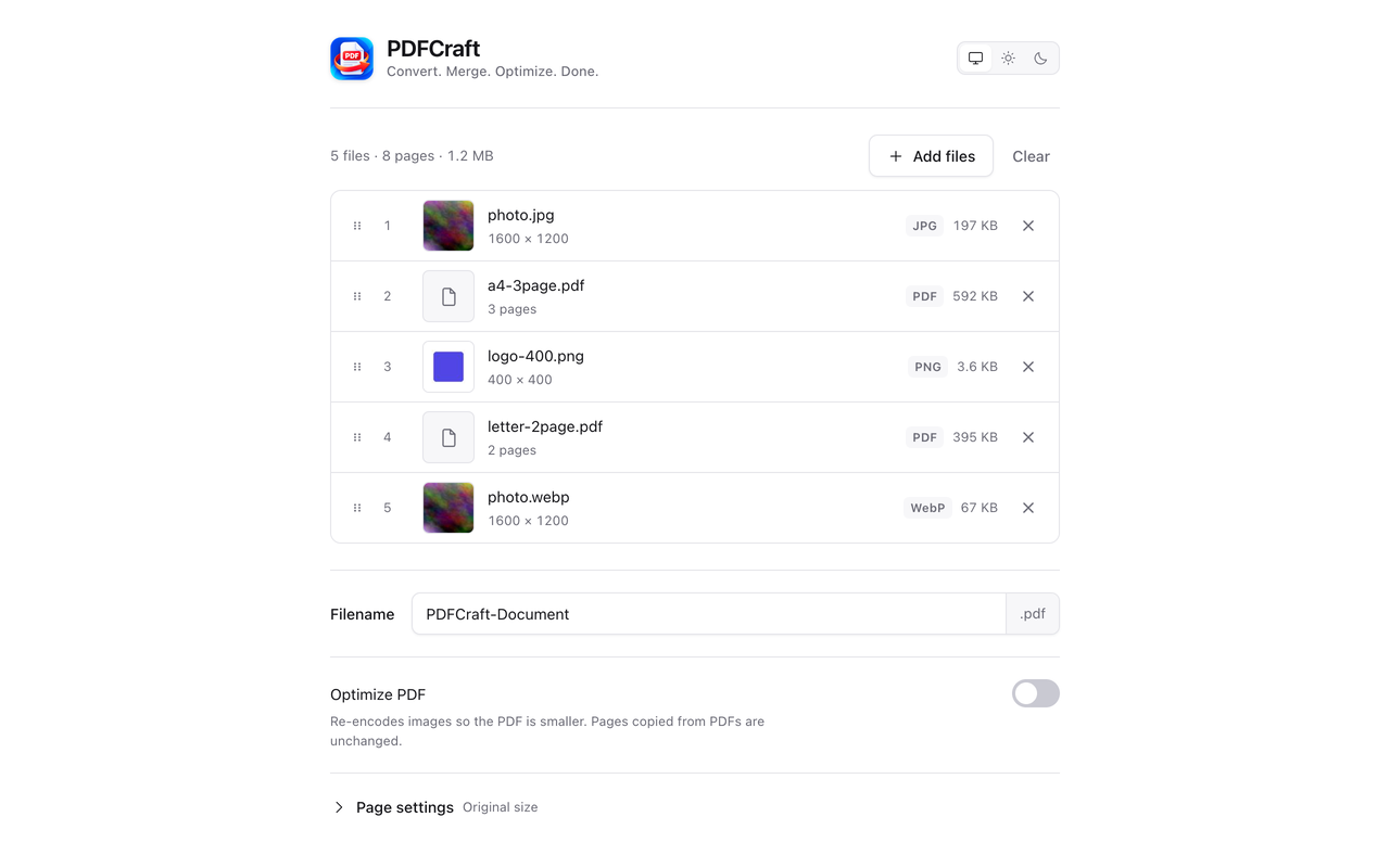 PDFCraft with five files queued — two photos, a PNG and two PDFs — in a chosen order, with a filename field and an Optimize PDF switch below