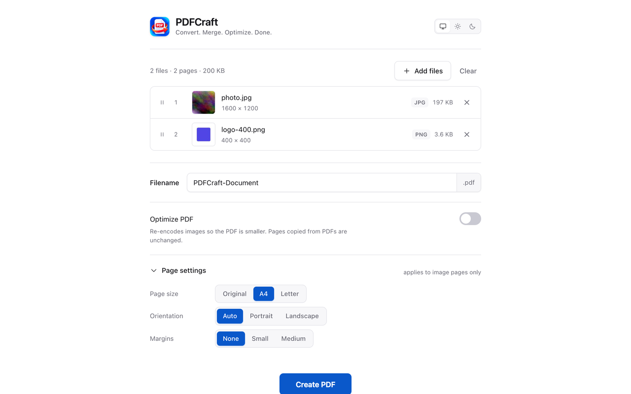 The page settings panel expanded, showing page size, orientation and margin controls
