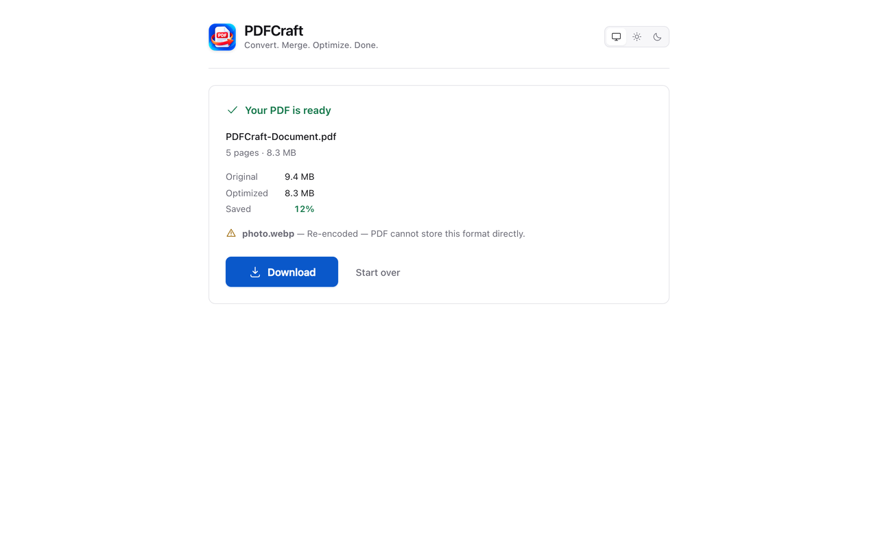 A finished conversion showing the file size before and after optimization, with a download button