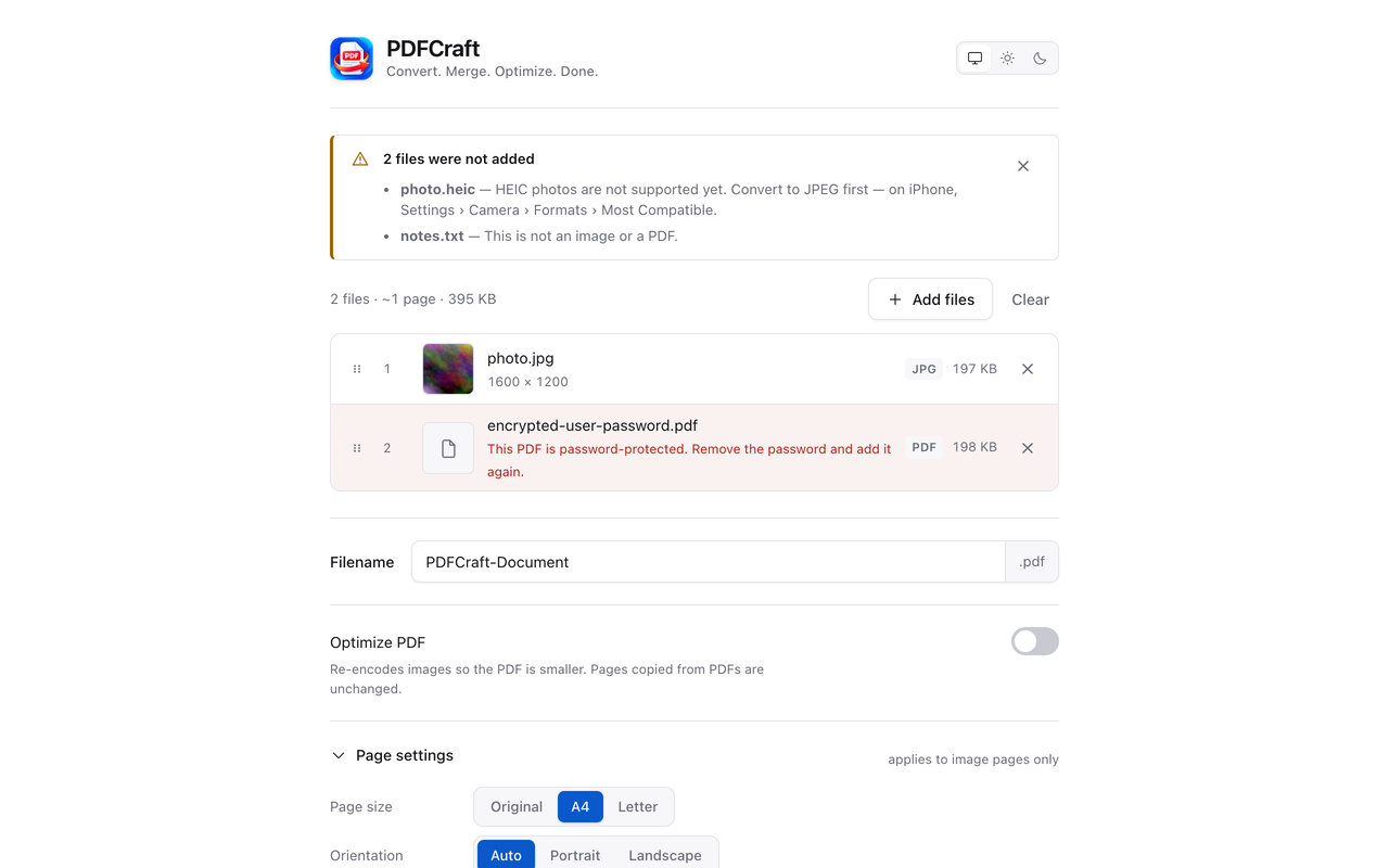 A notice listing files PDFCraft cannot use, each with the reason why