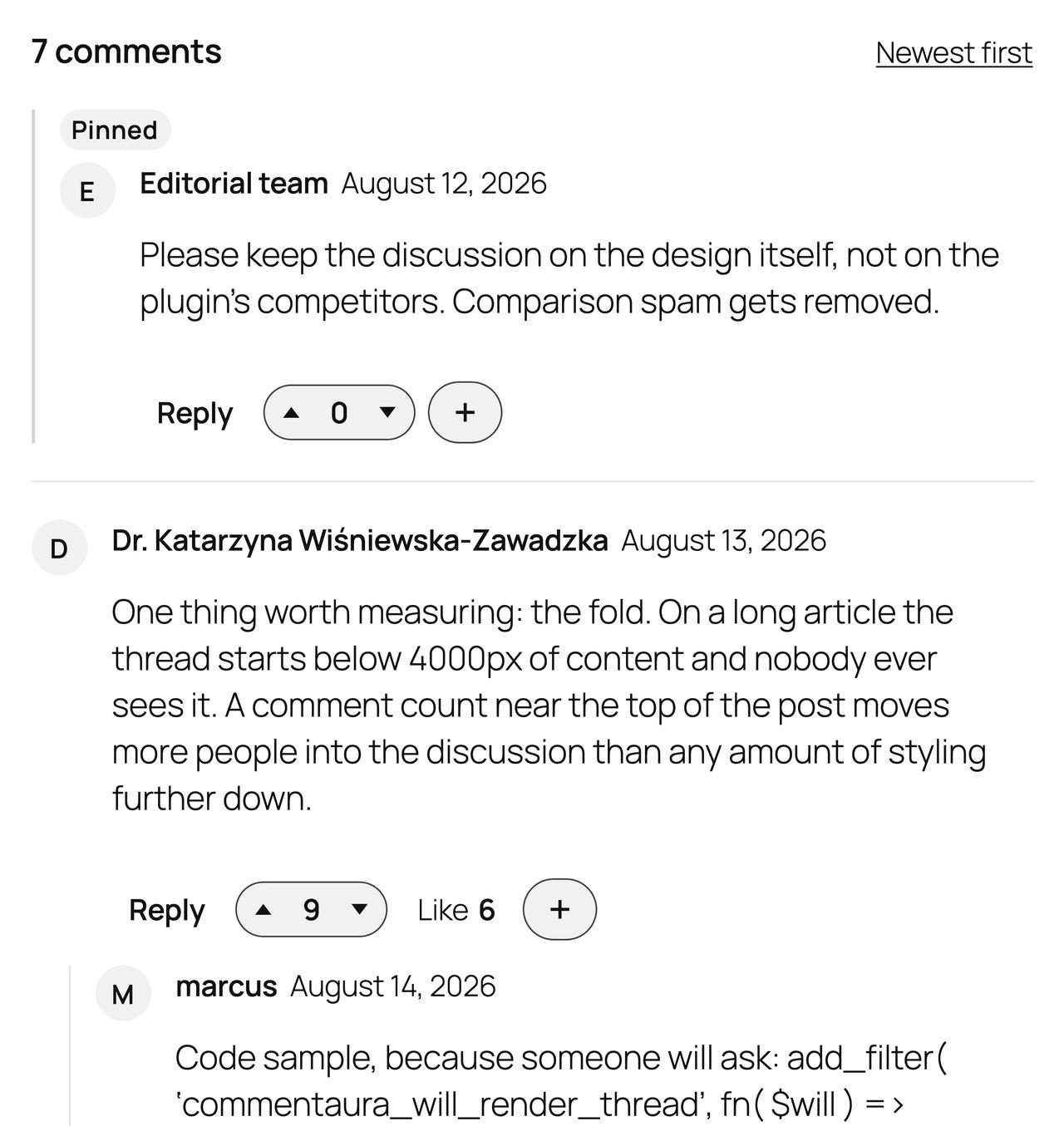 A full CommentAura thread: a pinned comment, nested replies indented under their parents, and a compact action row under each comment.