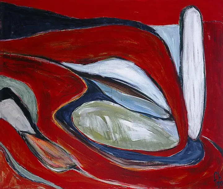 An abstract landscape painting in reds