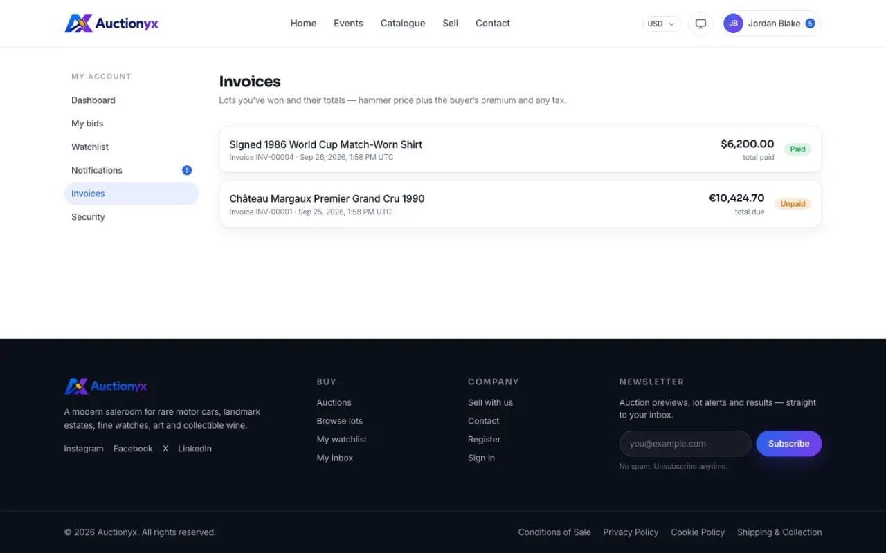 The invoices page in the bidder account