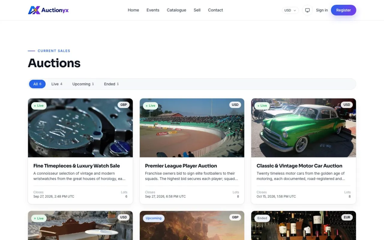 The auctions page listing live and upcoming auction events