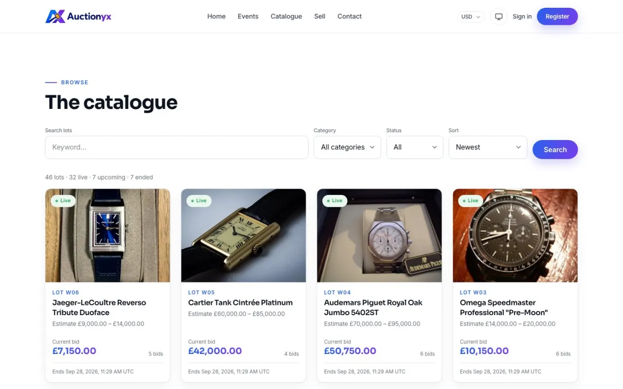 The lot catalogue with search, filters and a grid of lot cards
