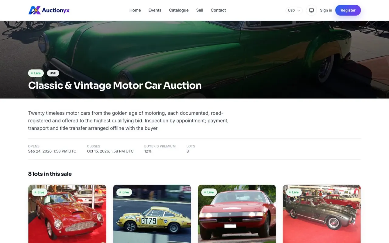 An auction event page listing its lots