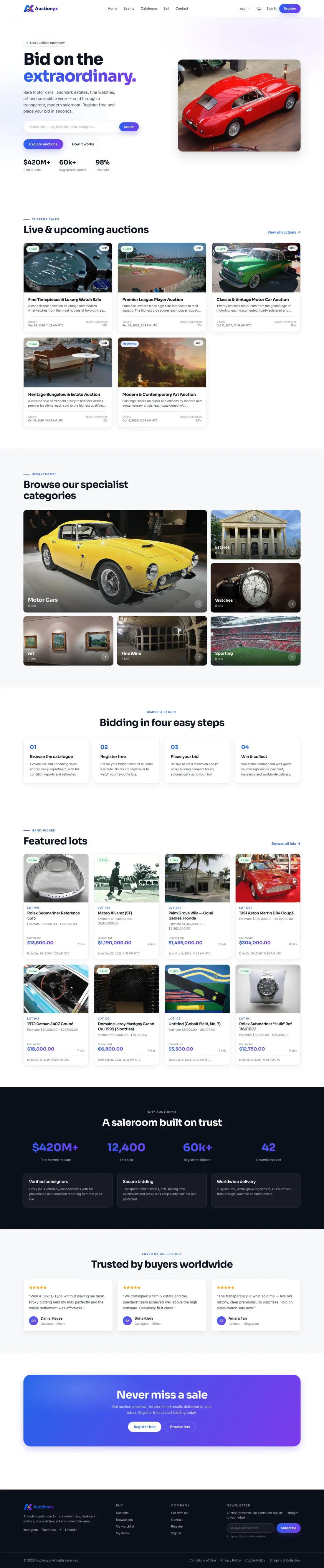 The full Auctionyx homepage: hero with search, live and upcoming auction events, departments, how it works, featured lots, statistics, testimonials and a call to action