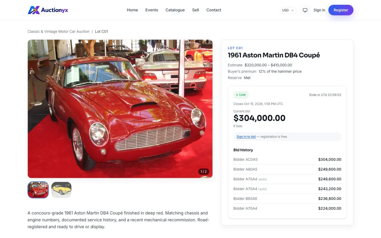 A lot page for a 1961 Aston Martin DB4 Coupé showing the gallery, estimate, buyer's premium, reserve met, the live bidding panel and bid history with automatic bids marked