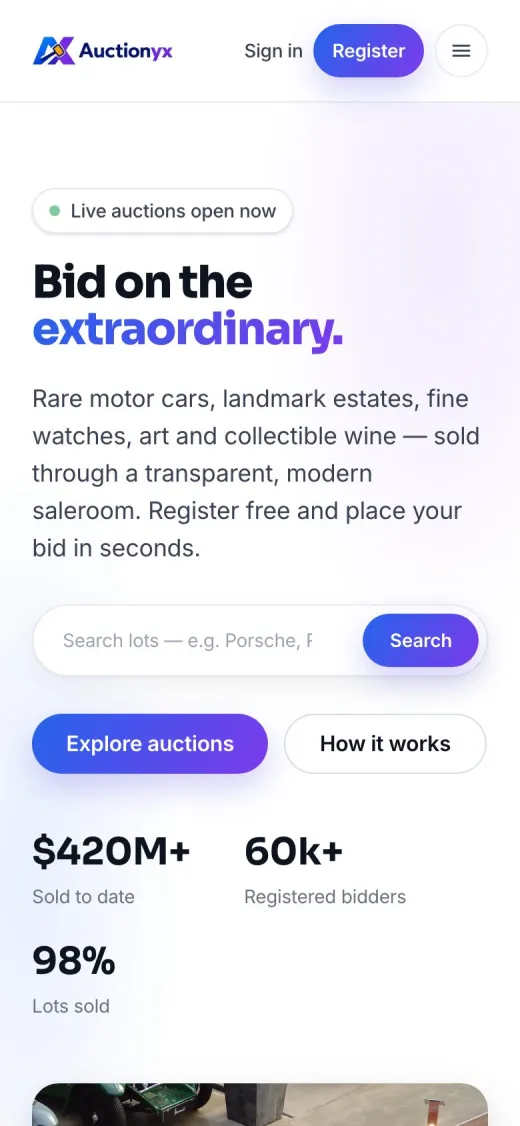The Auctionyx homepage on a phone