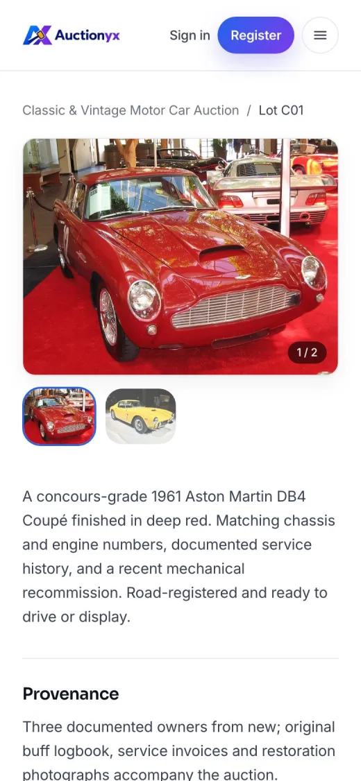 A lot page on a phone, with the photo gallery and description