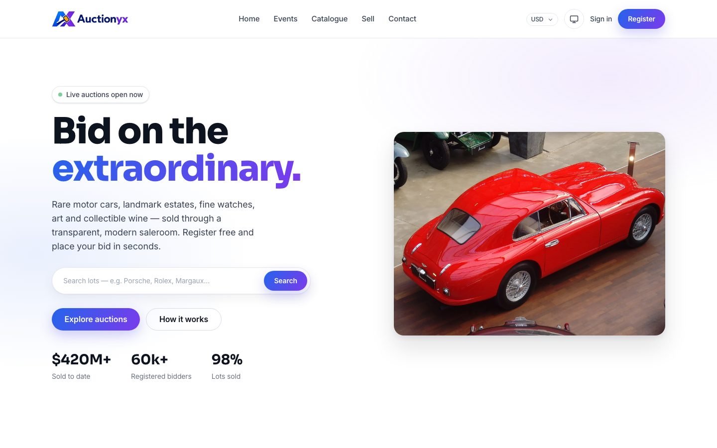 The Auctionyx homepage: headline, search box and a featured classic car