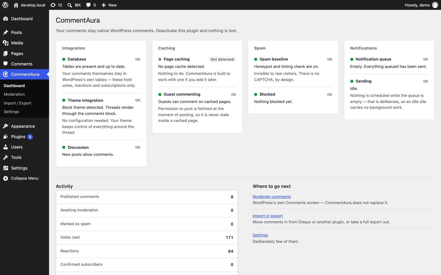 The CommentAura dashboard in WordPress admin. Four status cards — Integration, Caching, Spam and Notifications — each reporting its state in words beside a coloured dot, with activity counts underneath.